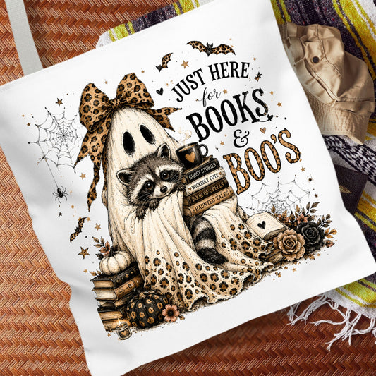 Books & Boo's Halloween Tote Bag | Cute Ghost & Raccoon Book Lover Bag | Coquette Fall Bookish Tote