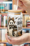 Books & Boo's 16 oz Glass Sipper Cup | Halloween Ghost & Raccoon Libby Cup | Book Lover Fall Glass Can