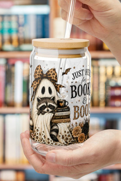 Books & Boo's 16 oz Glass Sipper Cup | Halloween Ghost & Raccoon Libby Cup | Book Lover Fall Glass Can