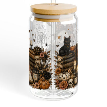 Books & Boo's 16 oz Glass Sipper Cup | Halloween Ghost & Raccoon Libby Cup | Book Lover Fall Glass Can