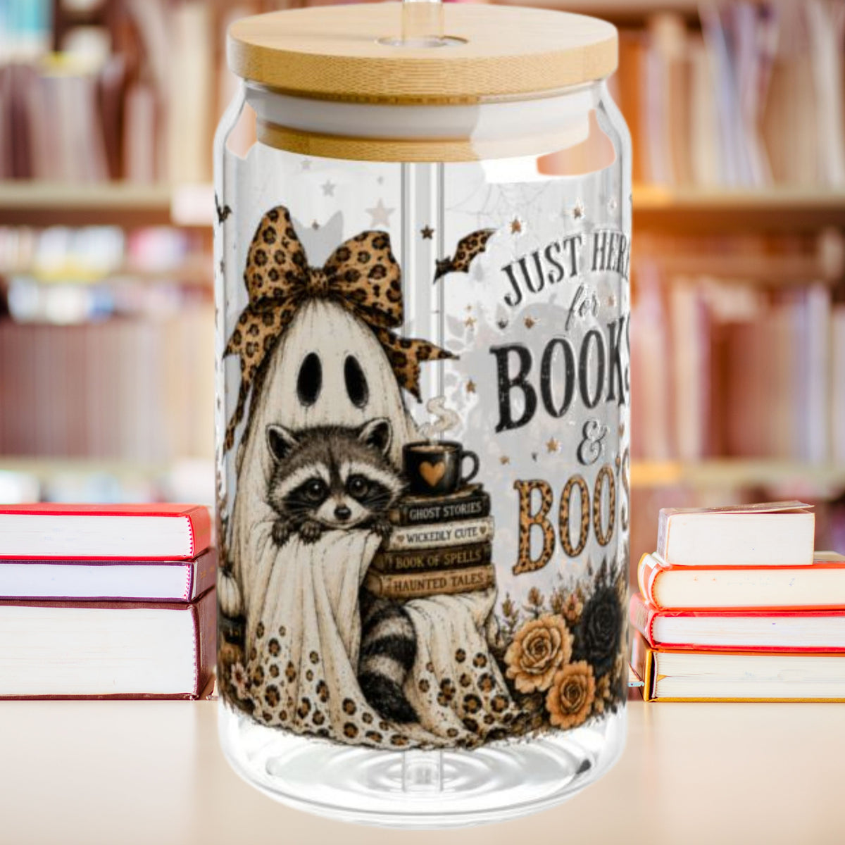 Books & Boo's 16 oz Glass Sipper Cup | Halloween Ghost & Raccoon Libby Cup | Book Lover Fall Glass Can