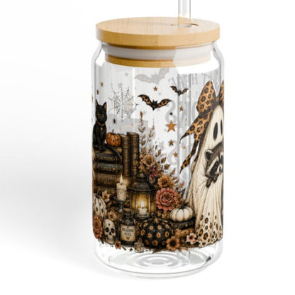 Books & Boo's 16 oz Glass Sipper Cup | Halloween Ghost & Raccoon Libby Cup | Book Lover Fall Glass Can