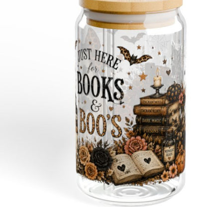 Books & Boo's 16 oz Glass Sipper Cup | Halloween Ghost & Raccoon Libby Cup | Book Lover Fall Glass Can