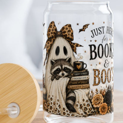 Books & Boo's 16 oz Glass Sipper Cup | Halloween Ghost & Raccoon Libby Cup | Book Lover Fall Glass Can
