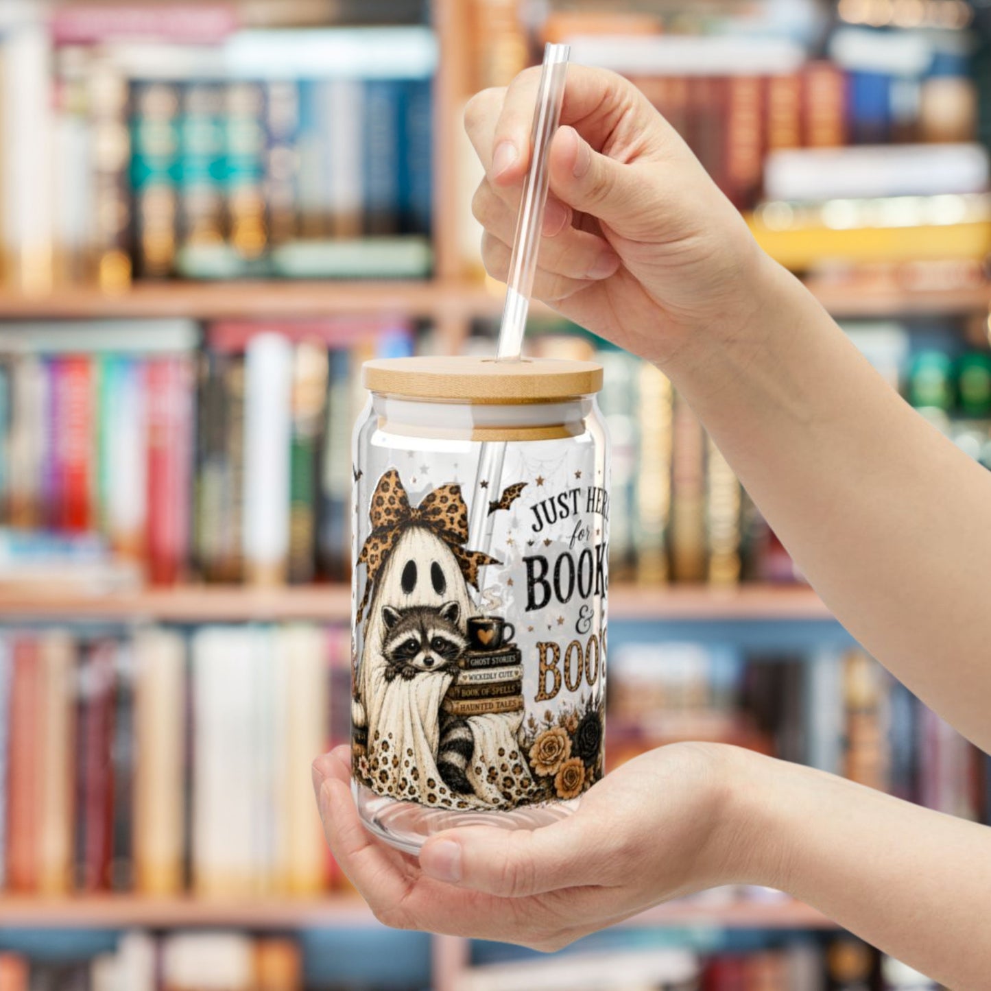 Books & Boo's 16 oz Glass Sipper Cup | Halloween Ghost & Raccoon Libby Cup | Book Lover Fall Glass Can