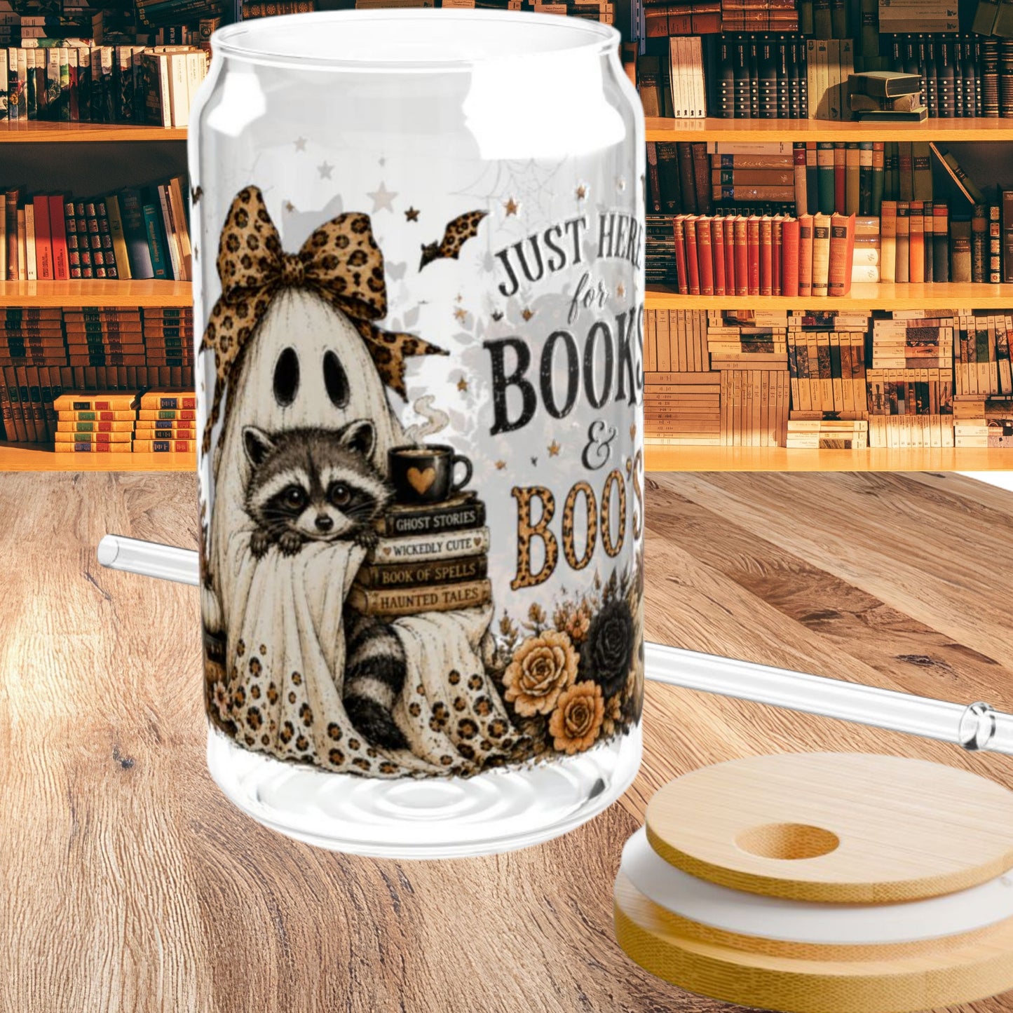 Books & Boo's 16 oz Glass Sipper Cup | Halloween Ghost & Raccoon Libby Cup | Book Lover Fall Glass Can