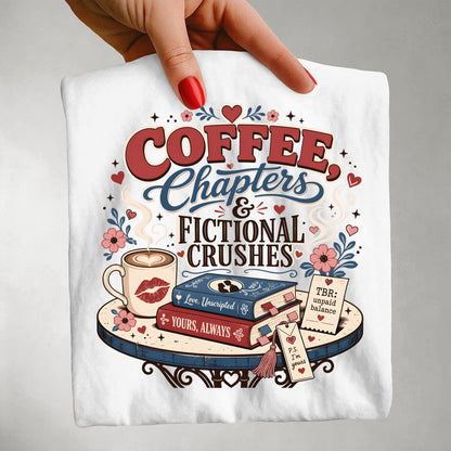 Coffee Chapters & Fictional Crushes Shirt | BookTok Romance Reader Tee | Coffee and Books Shirt | Book Lover Gift | Cozy Reader Apparel