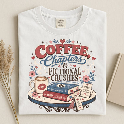 Coffee Chapters & Fictional Crushes Shirt | BookTok Romance Reader Tee | Coffee and Books Shirt | Book Lover Gift | Cozy Reader Apparel
