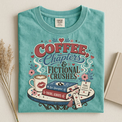 Coffee Chapters & Fictional Crushes Shirt | BookTok Romance Reader Tee | Coffee and Books Shirt | Book Lover Gift | Cozy Reader Apparel