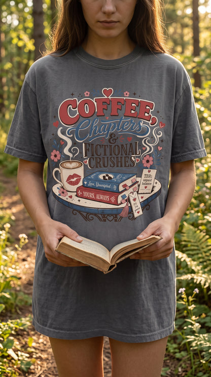 Coffee Chapters & Fictional Crushes Shirt | BookTok Romance Reader Tee | Coffee and Books Shirt | Book Lover Gift | Cozy Reader Apparel