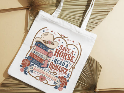 Save a Horse Read a Romance Tote Bag | Western Book Lover Bag | Cowboy Romance Reader Tote | BookTok Cowgirl Book Club Gift
