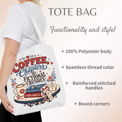 Coffee Chapters & Fictional Crushes Tote Bag | Book Lover Tote | Romance Reader Book Bag | BookTok Gift | Coffee and Books Tote