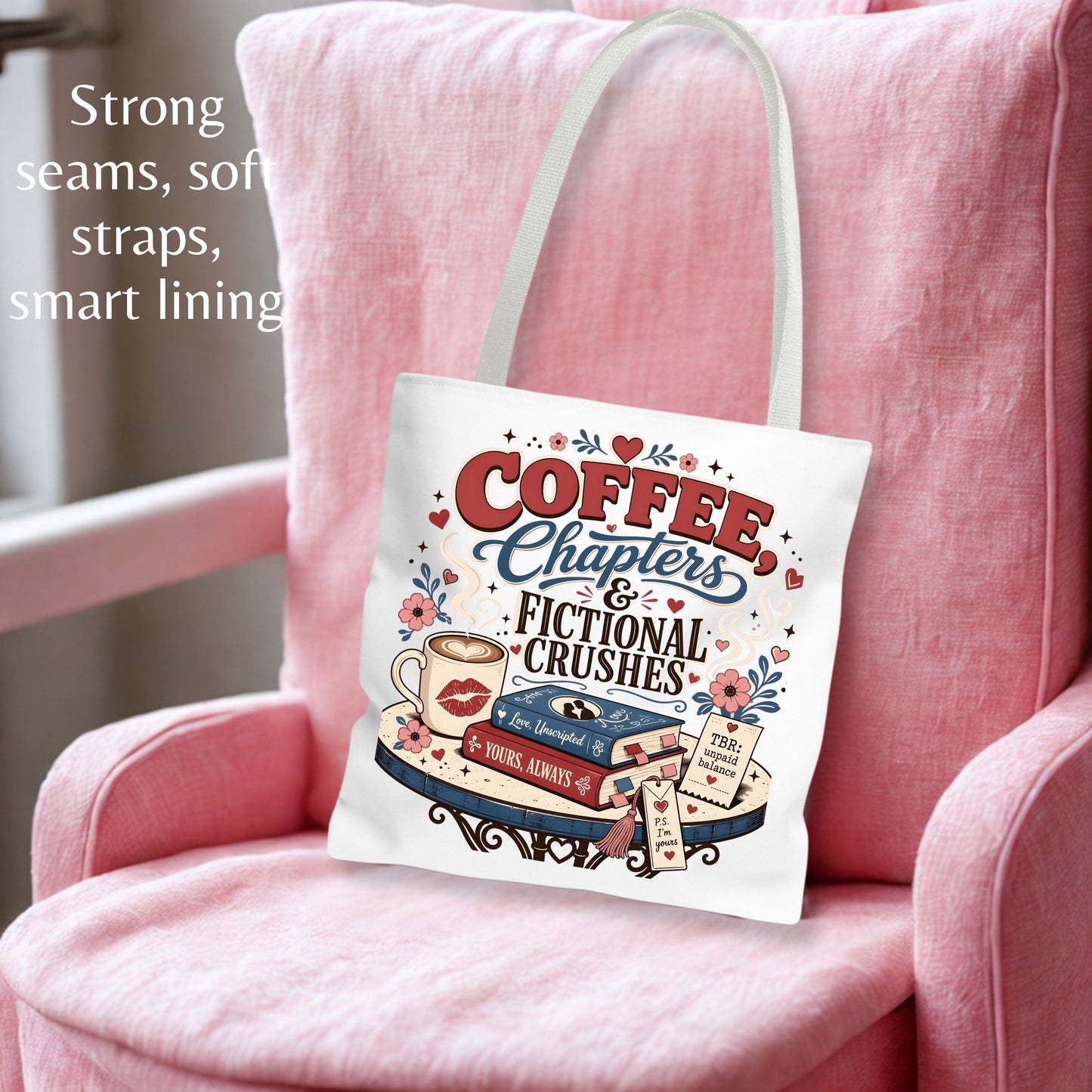 Coffee Chapters & Fictional Crushes Tote Bag | Book Lover Tote | Romance Reader Book Bag | BookTok Gift | Coffee and Books Tote