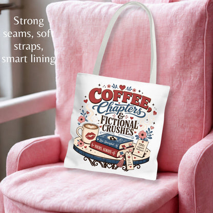 Coffee Chapters & Fictional Crushes Tote Bag | Book Lover Tote | Romance Reader Book Bag | BookTok Gift | Coffee and Books Tote