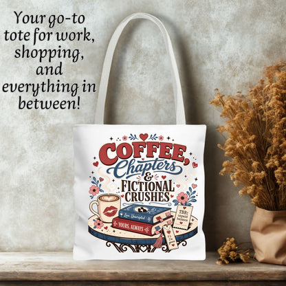 Coffee Chapters & Fictional Crushes Tote Bag | Book Lover Tote | Romance Reader Book Bag | BookTok Gift | Coffee and Books Tote