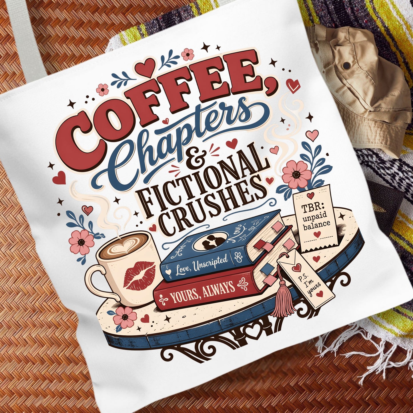 Coffee Chapters & Fictional Crushes Tote Bag | Book Lover Tote | Romance Reader Book Bag | BookTok Gift | Coffee and Books Tote