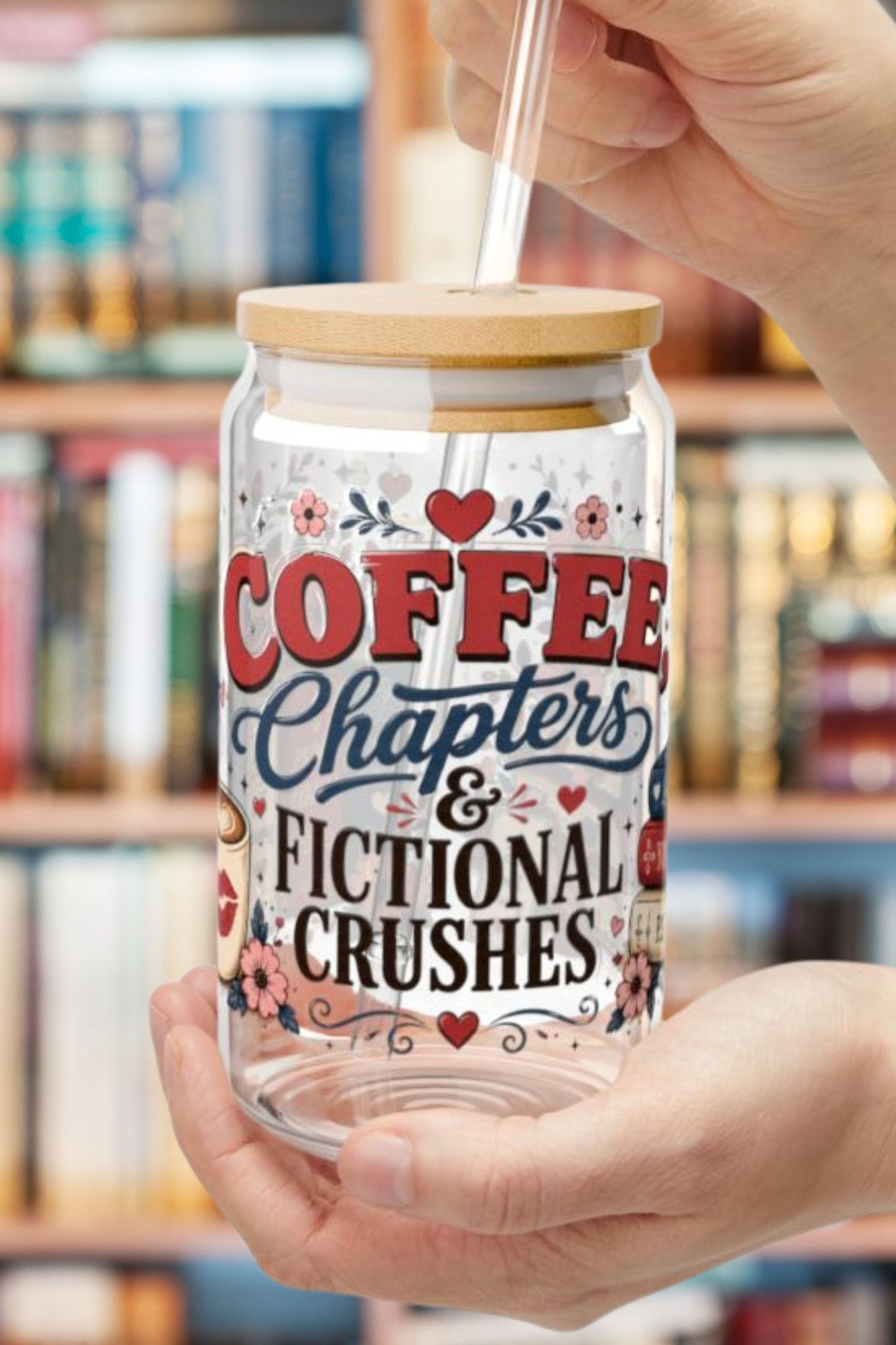 Coffee Chapters & Fictional Crushes Glass Can | 16oz Book Lover Glass Cup | Romance Reader Iced Coffee Cup | BookTok Gift