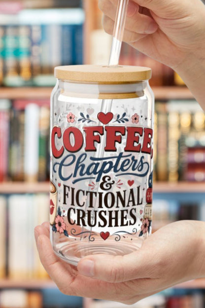 Coffee Chapters & Fictional Crushes Glass Can | 16oz Book Lover Glass Cup | Romance Reader Iced Coffee Cup | BookTok Gift