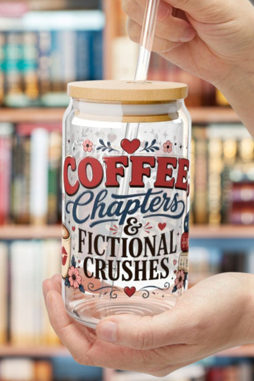 Coffee Chapters & Fictional Crushes Glass Can | 16oz Book Lover Glass Cup | Romance Reader Iced Coffee Cup | BookTok Gift