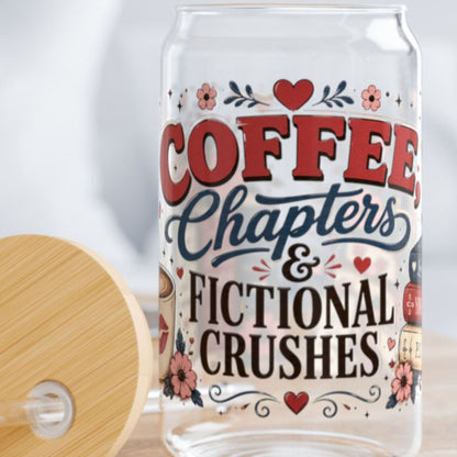 Coffee Chapters & Fictional Crushes Glass Can | 16oz Book Lover Glass Cup | Romance Reader Iced Coffee Cup | BookTok Gift