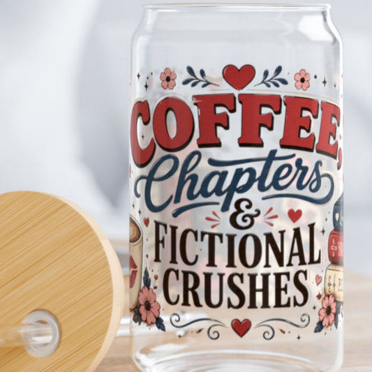 Coffee Chapters & Fictional Crushes Glass Can | 16oz Book Lover Glass Cup | Romance Reader Iced Coffee Cup | BookTok Gift