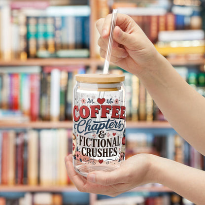 Coffee Chapters & Fictional Crushes Glass Can | 16oz Book Lover Glass Cup | Romance Reader Iced Coffee Cup | BookTok Gift