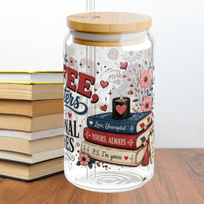 Coffee Chapters & Fictional Crushes Glass Can | 16oz Book Lover Glass Cup | Romance Reader Iced Coffee Cup | BookTok Gift