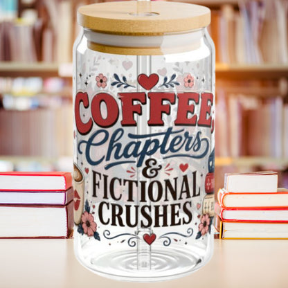 Coffee Chapters & Fictional Crushes Glass Can | 16oz Book Lover Glass Cup | Romance Reader Iced Coffee Cup | BookTok Gift