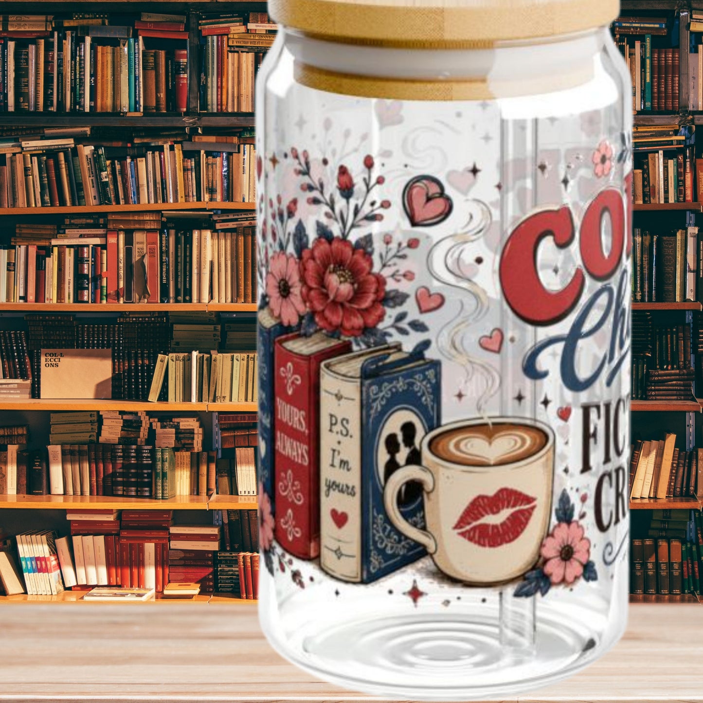 Coffee Chapters & Fictional Crushes Glass Can | 16oz Book Lover Glass Cup | Romance Reader Iced Coffee Cup | BookTok Gift