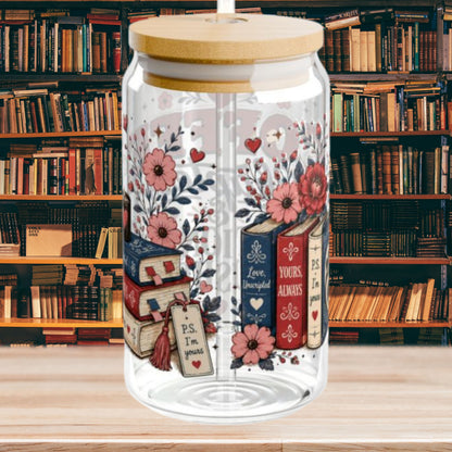 Coffee Chapters & Fictional Crushes Glass Can | 16oz Book Lover Glass Cup | Romance Reader Iced Coffee Cup | BookTok Gift
