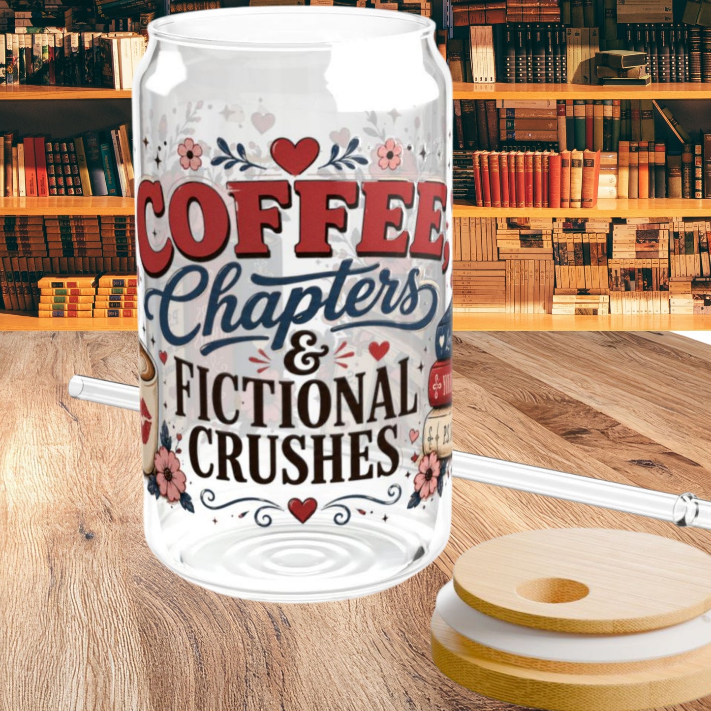 Coffee Chapters & Fictional Crushes Glass Can | 16oz Book Lover Glass Cup | Romance Reader Iced Coffee Cup | BookTok Gift