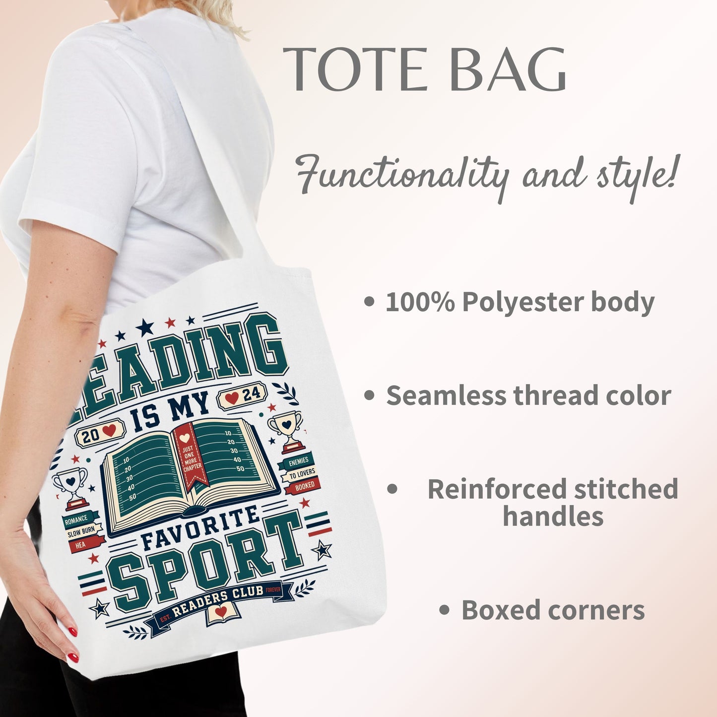 Reading Is My Favorite Sport Tote Bag, Book Lover Tote, Romance Reader Bag, BookTok Gift, Reader Club Book Bag