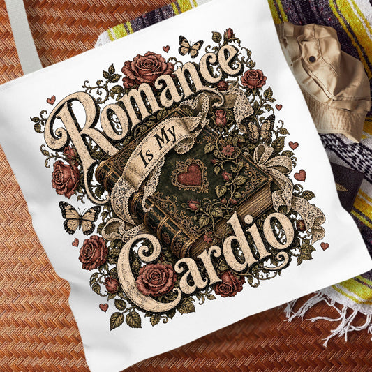 **Romance Is My Cardio Tote Bag, Vintage Book Lover Tote, Cottagecore Reader Bag, Romance Book Gift, BookTok Tote, Book Lover Gift**