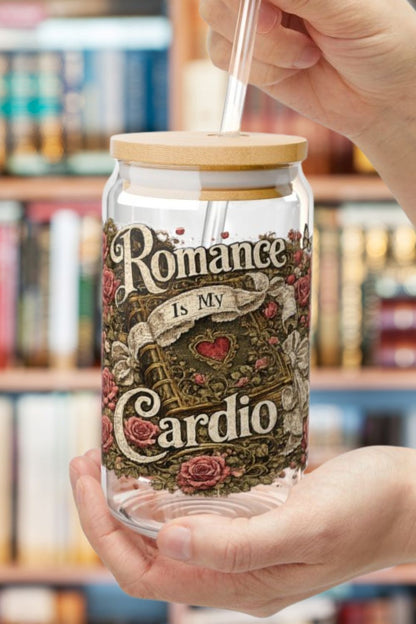 Romance Is My Cardio Glass Cup, 16oz Book Lover Libby Glass, Romance Reader Iced Coffee Cup, BookTok Gift