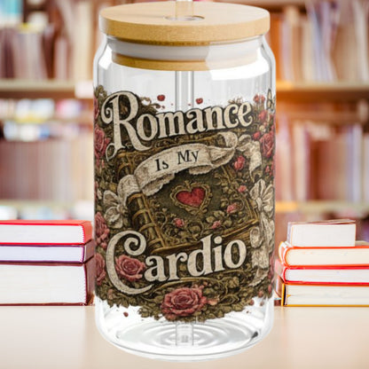 Romance Is My Cardio Glass Cup, 16oz Book Lover Libby Glass, Romance Reader Iced Coffee Cup, BookTok Gift