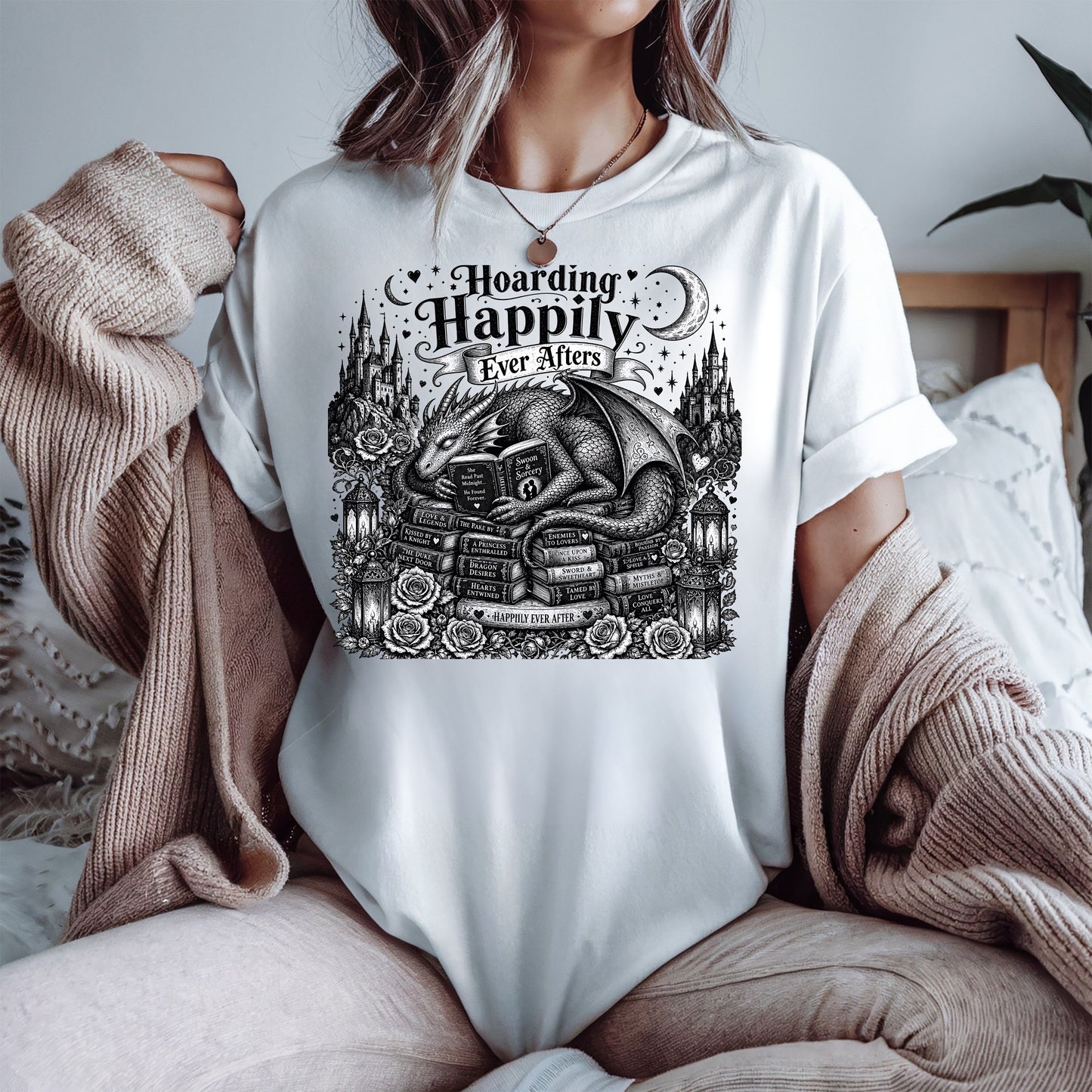 Hoarding Happily Ever Afters Shirt, Fantasy Romance Reader Tee, Dragon Book Lover Shirt, Romantasy BookTok Tee, Cozy Reader Gift