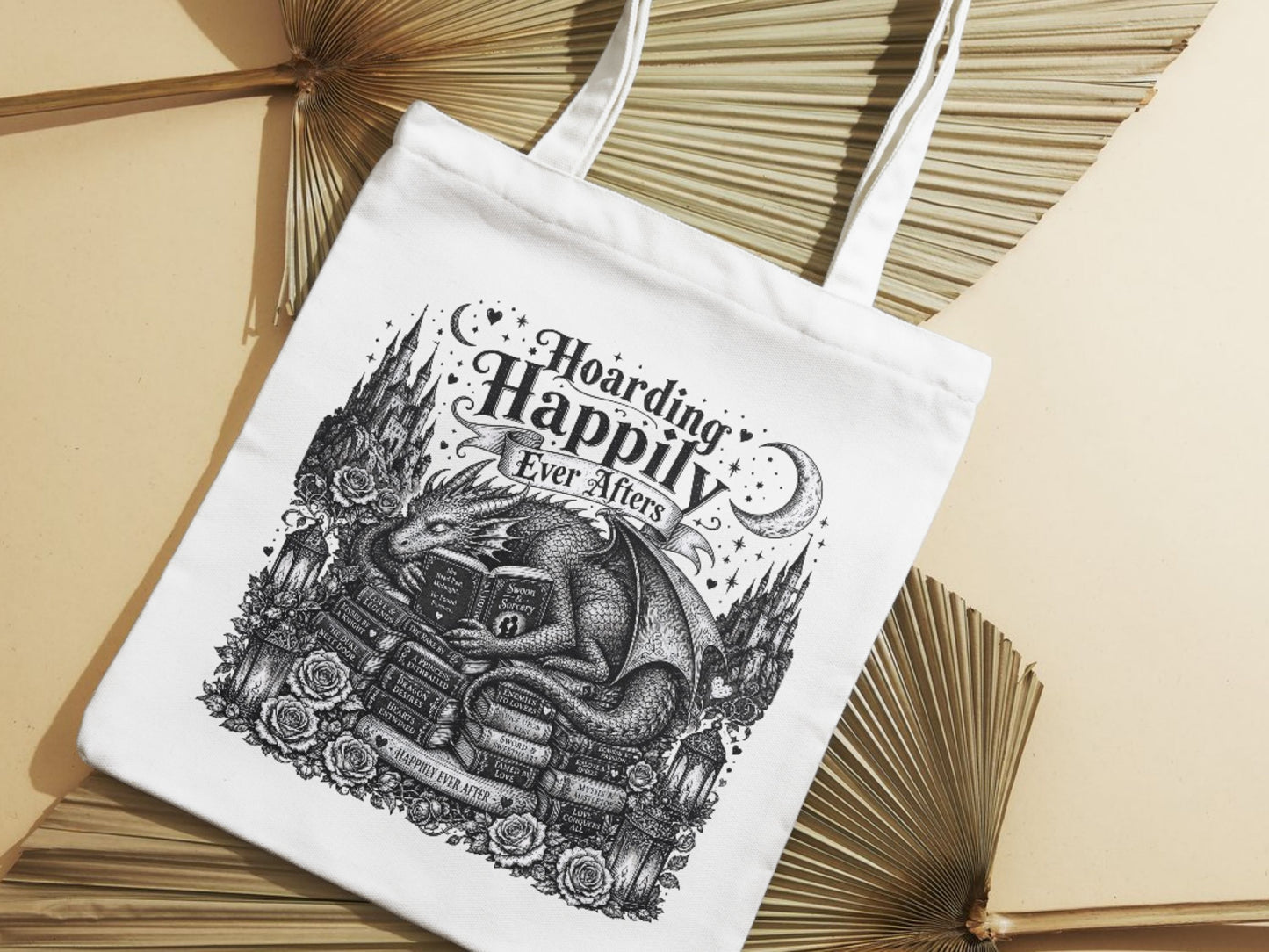 Hoarding Happily Ever Afters Tote Bag, Fantasy Romance Book Tote, Dragon Book Lover Bag, Romantasy Reader Gift, BookTok Tote