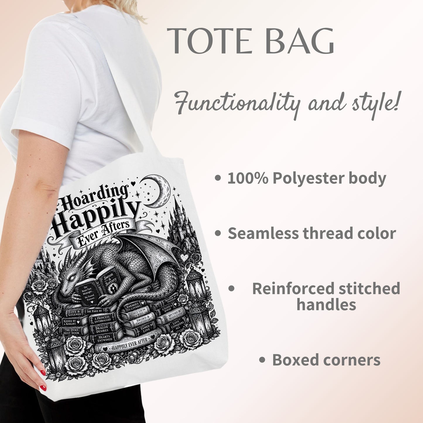 Hoarding Happily Ever Afters Tote Bag, Fantasy Romance Book Tote, Dragon Book Lover Bag, Romantasy Reader Gift, BookTok Tote