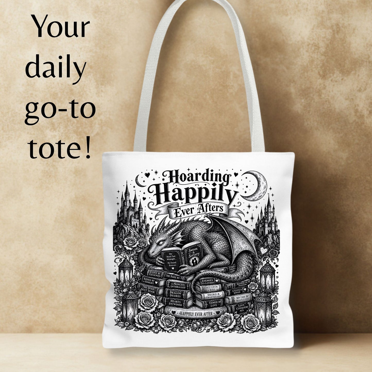 Hoarding Happily Ever Afters Tote Bag, Fantasy Romance Book Tote, Dragon Book Lover Bag, Romantasy Reader Gift, BookTok Tote