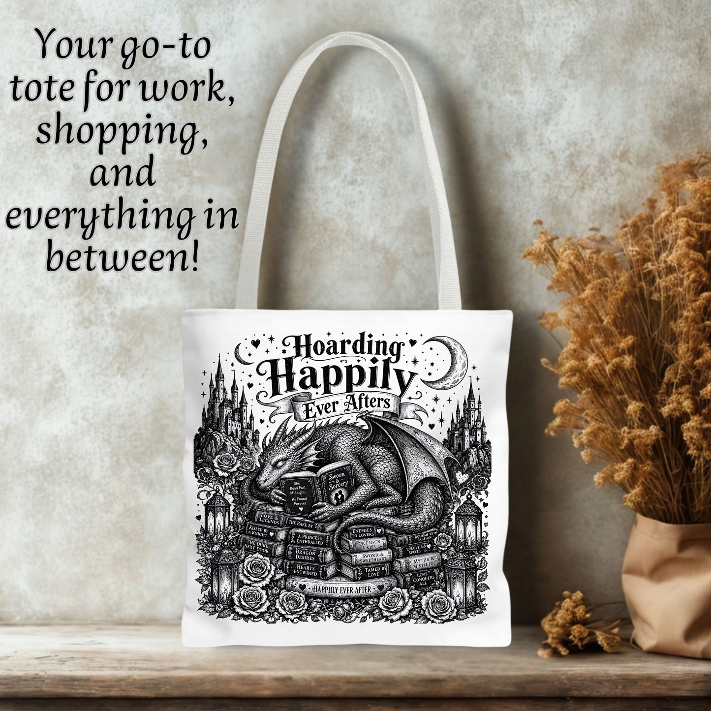 Hoarding Happily Ever Afters Tote Bag, Fantasy Romance Book Tote, Dragon Book Lover Bag, Romantasy Reader Gift, BookTok Tote
