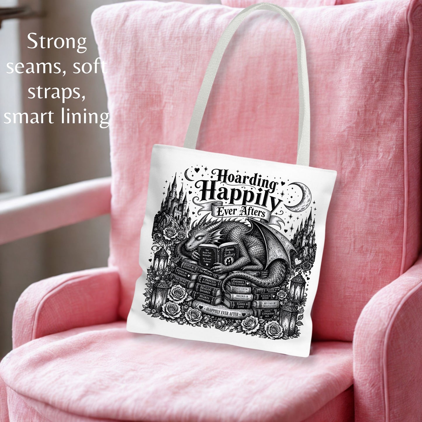 Hoarding Happily Ever Afters Tote Bag, Fantasy Romance Book Tote, Dragon Book Lover Bag, Romantasy Reader Gift, BookTok Tote