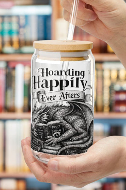 Hoarding Happily Ever Afters Glass Cup, Fantasy Romance Libby Cup, Dragon Book Lover Glass, Romantasy Iced Coffee Cup, BookTok Gift