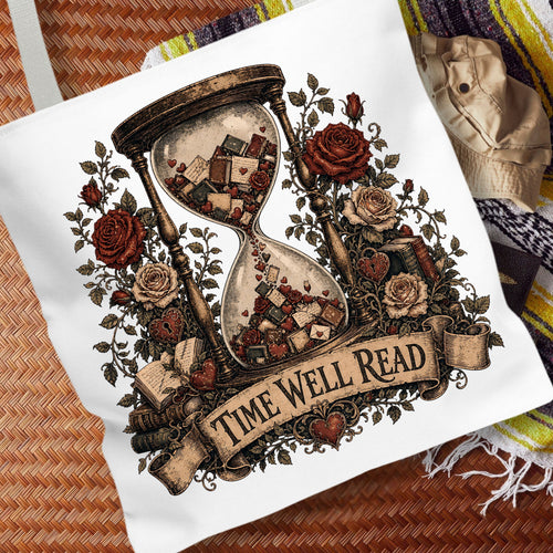 Time Well Read Tote Bag, Romance Reader Book Tote, Cottagecore Book Lover Bag, Vintage Literary Tote, BookTok Reader Gift