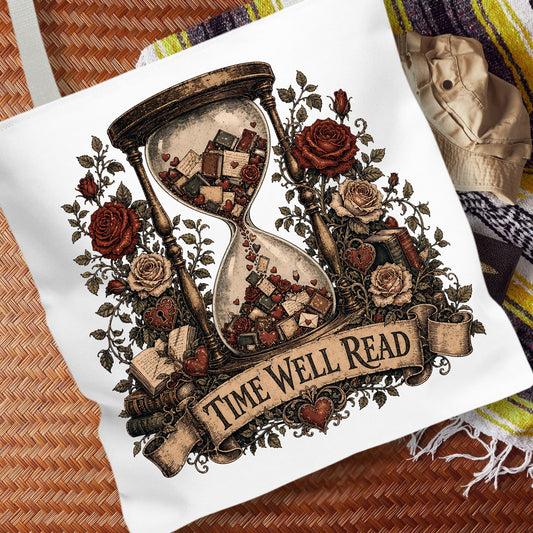 Time Well Read Tote Bag, Romance Reader Book Tote, Cottagecore Book Lover Bag, Vintage Literary Tote, BookTok Reader Gift