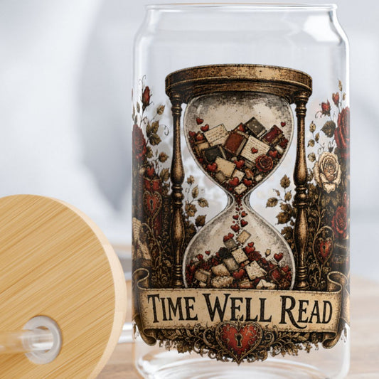 Time Well Read Glass Cup, Romance Reader Libby Cup, Cottagecore Book Lover Glass, Vintage Literary Iced Coffee Cup, BookTok Gift