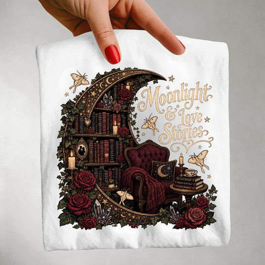 Moonlight & Love Stories Shirt, Gothic Romance Reader Tee, Dark Academia Book Lover Shirt, Cottagecore BookTok Apparel, Cozy Reading Tee