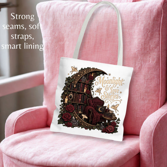 Moonlight & Love Stories Tote Bag, Gothic Romance Book Tote, Dark Academia Book Lover Bag, Cottagecore Literary Tote, BookTok Reader Gift