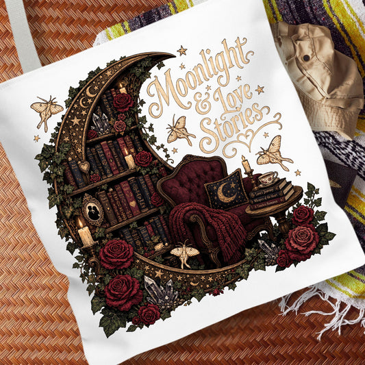 Moonlight & Love Stories Tote Bag, Gothic Romance Book Tote, Dark Academia Book Lover Bag, Cottagecore Literary Tote, BookTok Reader Gift