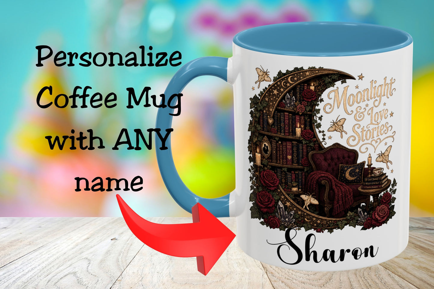 Moonlight & Love Stories Personalized Mug, Custom Romance Reader Coffee Mug, Gothic Book Lover Cup, Dark Academia Literary Mug, BookTok Gift