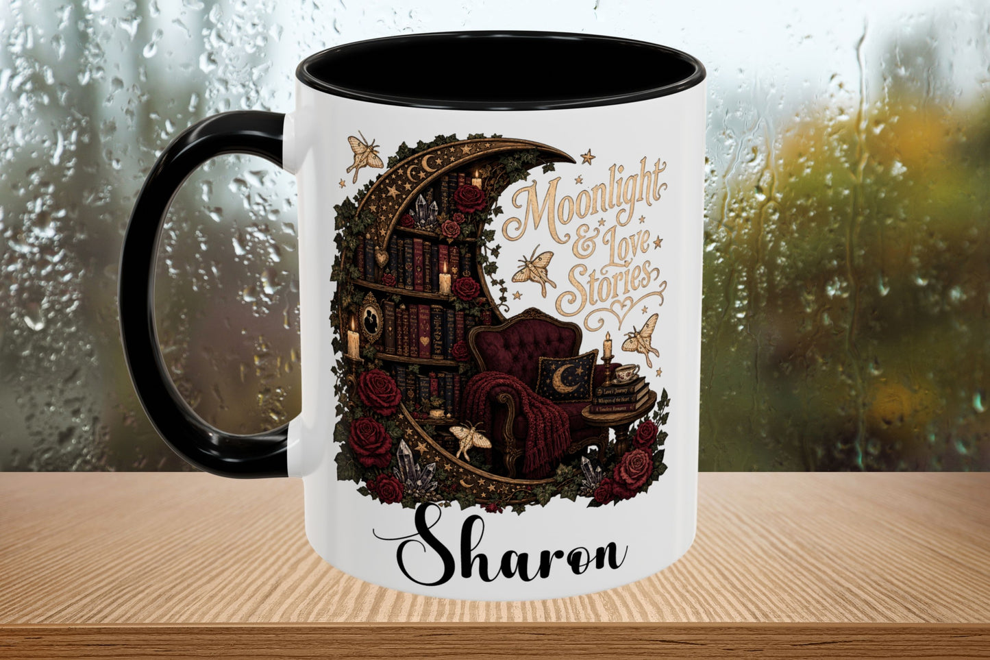 Moonlight & Love Stories Personalized Mug, Custom Romance Reader Coffee Mug, Gothic Book Lover Cup, Dark Academia Literary Mug, BookTok Gift